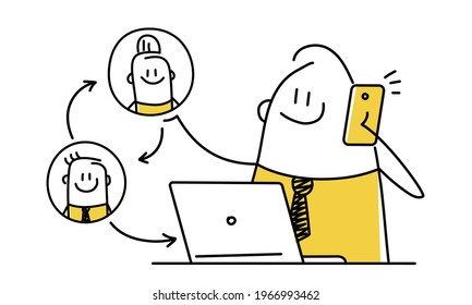 Stickman works with computer and phone. Employee management, management of people, business, relationships. Vector illustration.