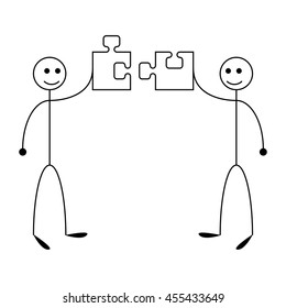Stickmans with puzzles. Doodle vector illustration. Teamwork concept.