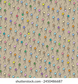 Stickmen with colorful heads arranged diagonally on dark tan backdrop vector seamless pattern. Colorful overpopulation surface art texture for printing or use in graphic design projects.