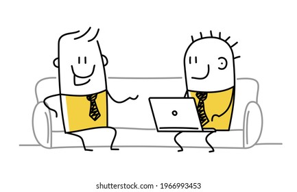 Stickmen with laptop sitting on the sofa. Freelance and distance education concept. Vector illustration.