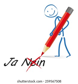 Stickmen with pencil and german text "Ja" and "Nein", translate "Yes" and "No". Eps 10 vector file.