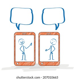 Stickmen with smartphones on the white background. Eps 10 vector file.