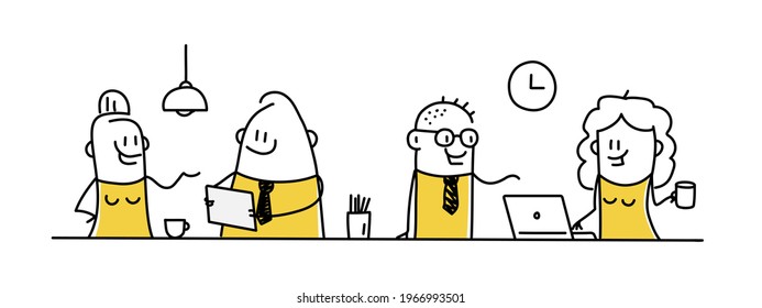 Stickmen and stick women sit at the table and stand in a modern office, work at computers and talk to colleagues. Vector illustration.