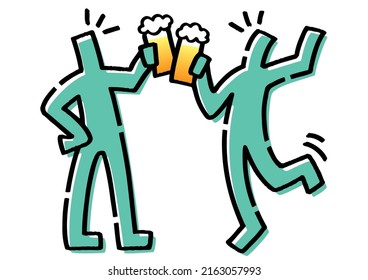 Stickmen toasting with beer. Hand-drawn vector data.