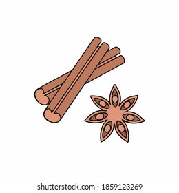 Sticks and a cinnamon star isolated on a white background. Vector illustration in Doodle style. Spices for baking and coffee.