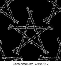 Sticks pentagram seamless pattern, hand drawn magic occult star symbol. Vector background illustration in black  and white.