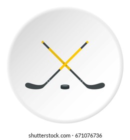 Sticks and puck icon in flat circle isolated vector illustration for web