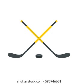 Sticks and puck icon in flat style isolated on white background vector illustration