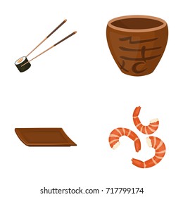 Sticks, shrimp, substrate, bowl.Sushi set collection icons in cartoon style vector symbol stock illustration web.