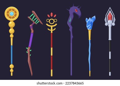 Marcas o personal de diferentes formas de ilustraciones vectoriales establecidas. Colección de varillas mágicas coloridas con gemas o cristales aislados en el fondo morado. Magia, cuento de hadas, fantasía, concepto de brujería