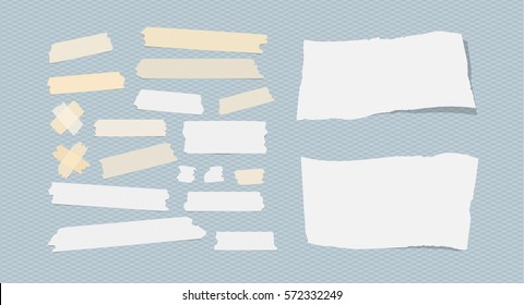 Sticky, adhesive masking tape, ripped note paper stuck on gray background