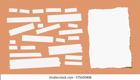 Sticky, adhesive masking tape, ripped note paper stuck on squared orange background