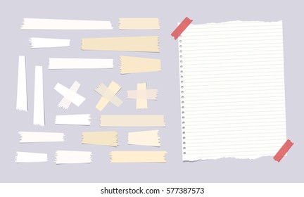 Sticky, adhesive masking tape, ripped note, notebook, copybook paper sheet on gray background