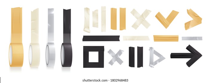 Sticky adhesive tape rolls realistic icon set with different shapes in rolls and torn pieces vector illustration