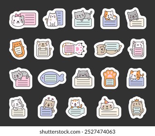 Sticky blank note with a kitten. Sticker Bookmark. School stuff. Hand drawn style. Vector drawing. Collection of design elements.