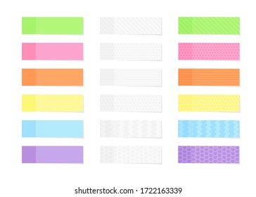 Sticky bunter und strukturierter Notenpapier oder Marker in flachem Stil einzeln auf Weiß. Verschiedene Notizbücher mit Klebeband auf dem Hintergrund. Dekorative Erinnerungen oder Lesezeichen.