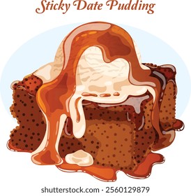 Sticky Date Pudding with Vanilla Ice Cream on Top. Isolated British Confectionery Dessert Digital Art 