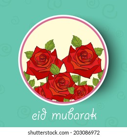 Sticky design decorated with red roses and green leaves on green background for the occasion of Muslim community festival Eid Mubarak celebrations. 