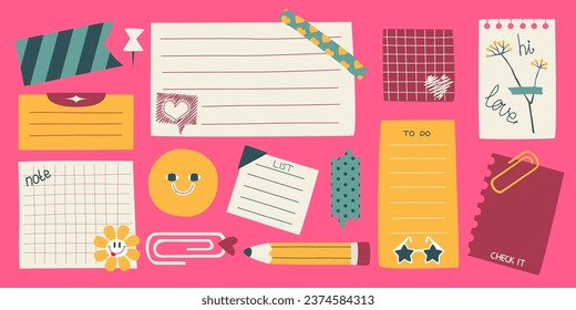 Sticky doodle notes, vector hand drawn bullet journal elements, isolated