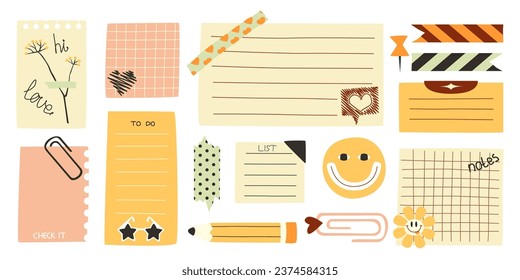 Sticky doodle notes, vector hand drawn bullet journal elements, isolated