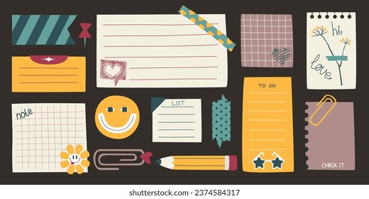 Sticky doodle notes, vector hand drawn bullet journal elements, isolated
