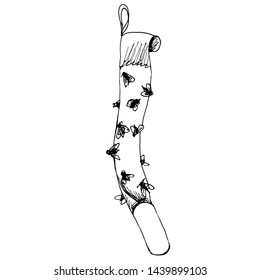 Sticky flypaper tape with glued flies. Outline sketch of trap for flies. Ffly-killing device on white background isolated. Vector illustration fly strip or fly ribbon