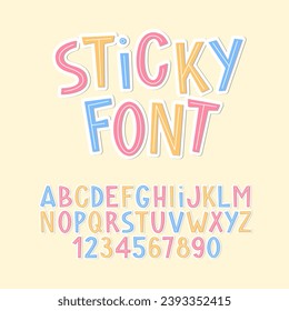 Sticky Font. Colorful  Cute Sticker Alphabet. Bright Kids Papercut Letters and Numbers. Cut Out Paper Type Set.
