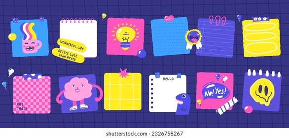 Sticky hand drawn doodle notes on paper, cute blanks, office notices, home reminder with funny characters. Paper sticky notes, memo messages, torn paper for school, university, work. Vector eps 10