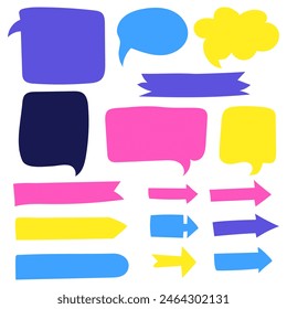 Sticky hand drawn doodle psychedelic notes on paper, cute blanks, office notices, home reminder. Paper stickers, paper clouds for communication and arrows for marking for school, university, work. Set