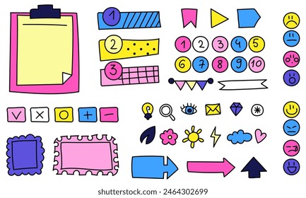 Sticky hand drawn doodle psychedelic notes on paper, cute blanks, office notices, home reminder. Paper stickers, talking clouds, arrows, elements, frames, numbers for school, university, work