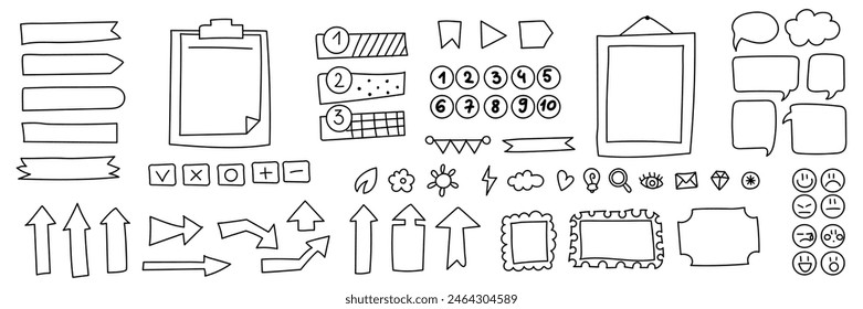 Sticky hand drawn doodle psychedelic notes on paper, cute blanks, office notices, home reminder. Paper stickers, talking clouds, arrows, elements, frames, numbers, school, university, work Set Contour