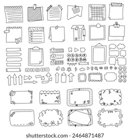 Sticky hand drawn doodle psychedelic notes on paper, cute blanks, office notices, home reminder. Paper stickers, talking clouds, arrows, elements, frames, numbers for school, university, work. Contour