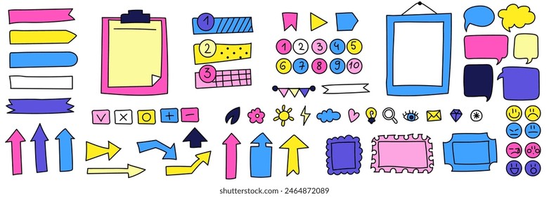 Sticky hand drawn doodle psychedelic notes on paper, cute blanks, office notices, home reminder. Paper stickers, talking clouds, arrows, elements, frames, numbers, school, university, work. Set white