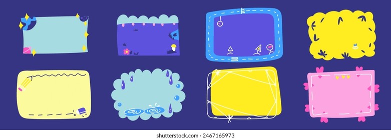 Sticky hand drawn doodle psychedelic notes on paper, cute blanks, office notices, home reminder. Paper stickers printing frames, drawings, elements, uniforms, school, university, work. Set is blue