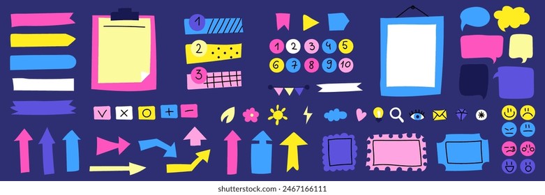 Sticky hand drawn doodle psychedelic notes on paper, cute blanks, office notices, home reminder. Paper stickers, talking clouds, arrows, elements, frames, numbers for school, university, work. Set