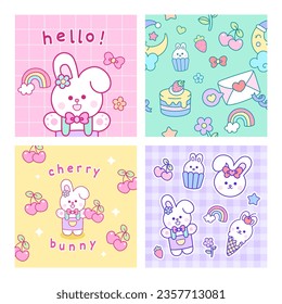 Sticky hand drawn kawaii doodle notes on paper, cute blanks, with bunny characters