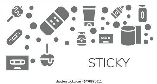 sticky icon set. 11 filled sticky icons.  Collection Of - Caramelized apple, Bandage, Gel, Tape, Glue, Bandages