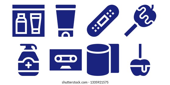 sticky icon set. 8 filled sticky icons.  Collection Of - Gel, Tape, Bandages, Bandage, Caramelized apple