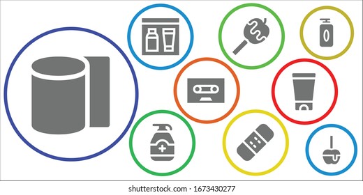 sticky icon set. 9 filled sticky icons. Included Bandages, Gel, Caramelized apple, Bandage, Tape icons