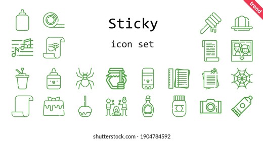 sticky icon set. line icon style. sticky related icons such as note, notes, caramel, glue, photo, caramelized apple, syrup, smore, spider web, paper, tape, glue stick, honey, gelatine, spider, 