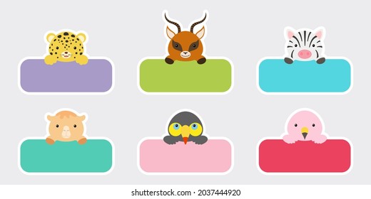 Sticky labels set for baby name. Cute cartoon animals shaped notepads, memo pad, flag markers for office school, scrapbooking, print, cards, baby shower, invitation, decor. Vector stock illustration.