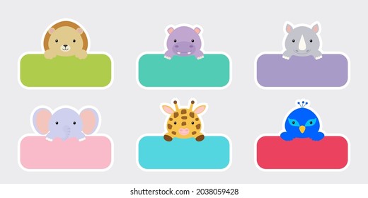 Sticky labels set for baby name. Cute cartoon animals shaped notepads, memo pad, flag markers for office school, scrapbooking, print, cards, baby shower, invitation, decor. Vector stock illustration.