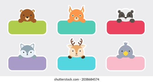 Sticky labels set for baby name. Cute cartoon animals shaped notepads, memo pad, flag markers for office school, scrapbooking, print, cards, baby shower, invitation, decor. Vector stock illustration.