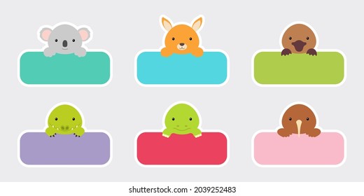 Sticky labels set for baby name. Cute cartoon animals shaped notepads, memo pad, flag markers for office school, scrapbooking, print, cards, baby shower, invitation, decor. Vector stock illustration.