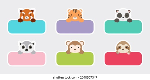 Sticky labels set for baby name. Cute cartoon animals shaped notepads, memo pad, flag markers for office school, scrapbooking, print, cards, baby shower, invitation, decor. Vector stock illustration.