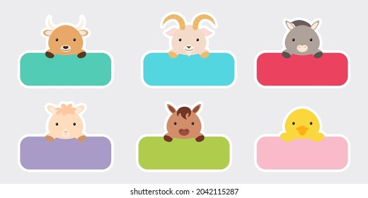 Sticky labels set for baby name. Cute cartoon animals shaped notepads, memo pad, flag markers for office school, scrapbooking, print, cards, baby shower, invitation, decor. Vector stock illustration.