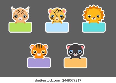 Etiquetas pegajosas establecidas para el nombre del bebé. Cuadernos en forma de animales de dibujos animados lindos, bloc de notas, etiquetas escolares de colores, scrapbooking, tarjetas, baby shower, invitación. ilustración de stock de Vector