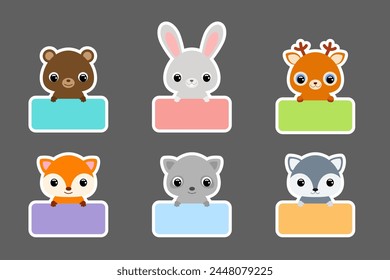 Sticky labels set for baby name. Cute cartoon animals shaped notepads, memo pad, colored school labels, scrapbooking, cards, baby shower, invitation. Vector stock illustration