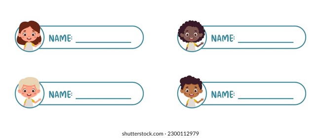 Sticky labels set for children name. Cute kid boy and girl name tags for school. Cute cartoon kids shaped notepads, flag markers for office school, scrapbooking, print. Vector stock illustration.