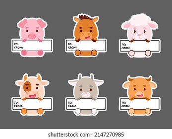 Sticky Labels Set Of Horse, Pig, Cow, Sheep, Bull, Goat. Cute Cartoon Animal Tags For Notepad, Memo Pad, Flag Marker For Office School, Scrapbooking, Baby Shower, Invitation, Decor.